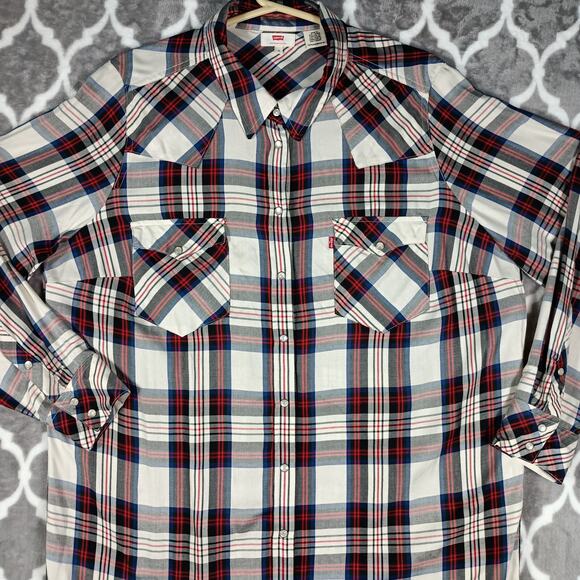 Levi’s Pearl Snap Dress Women Plus Size 1X Blue Red Plaid Duster Layer - Picture 2 of 10